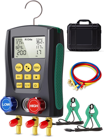 HVAC Gauges, Digital AC Gauge Set AMF-200 Digital Manifold Gauge with Hoses and 2 Wired Temperature Clamp Probes, Automotive Refrigeration HVAC System Gauge Set, HVAC Tools Kit R134a R22
